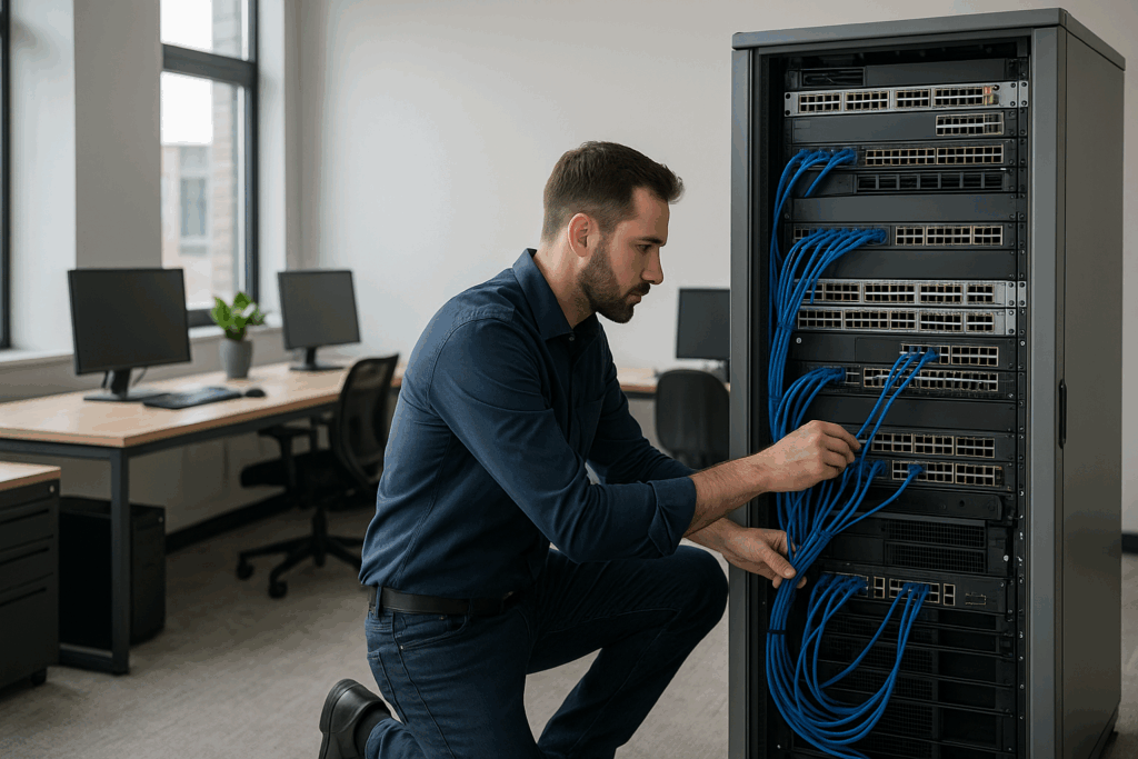 Professionnel TI configurant un serveur dans une PME pour sécuriser les données et optimiser le budget informatique